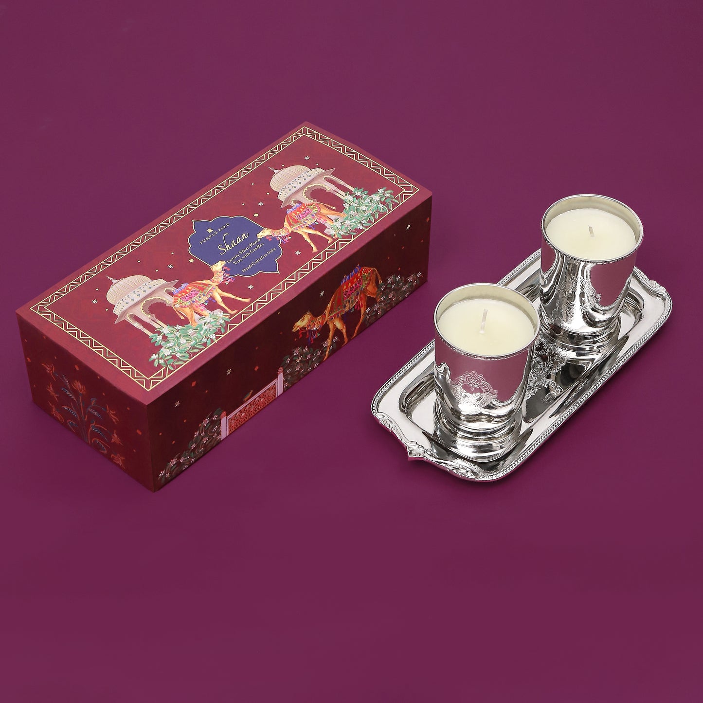 Purple Bird 'Shaan' Silver Plated Tray With Candles (Two Candles)