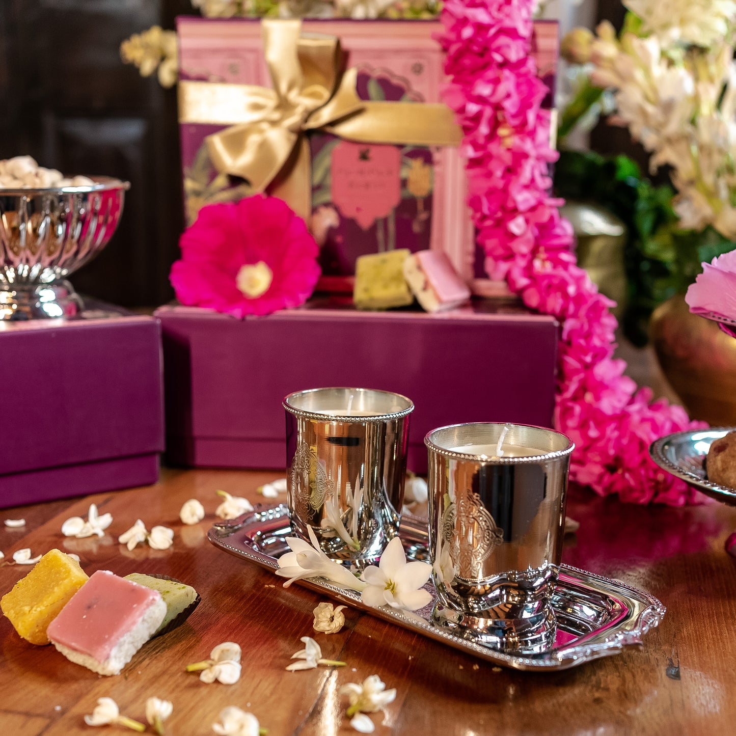 Purple Bird 'Shaan' Silver Plated Tray With Candles (Two Candles)