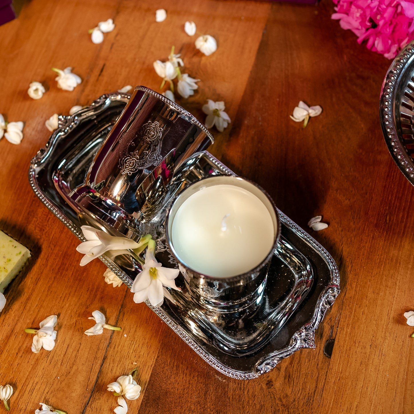 Purple Bird 'Shaan' Silver Plated Tray With Candles (Two Candles)