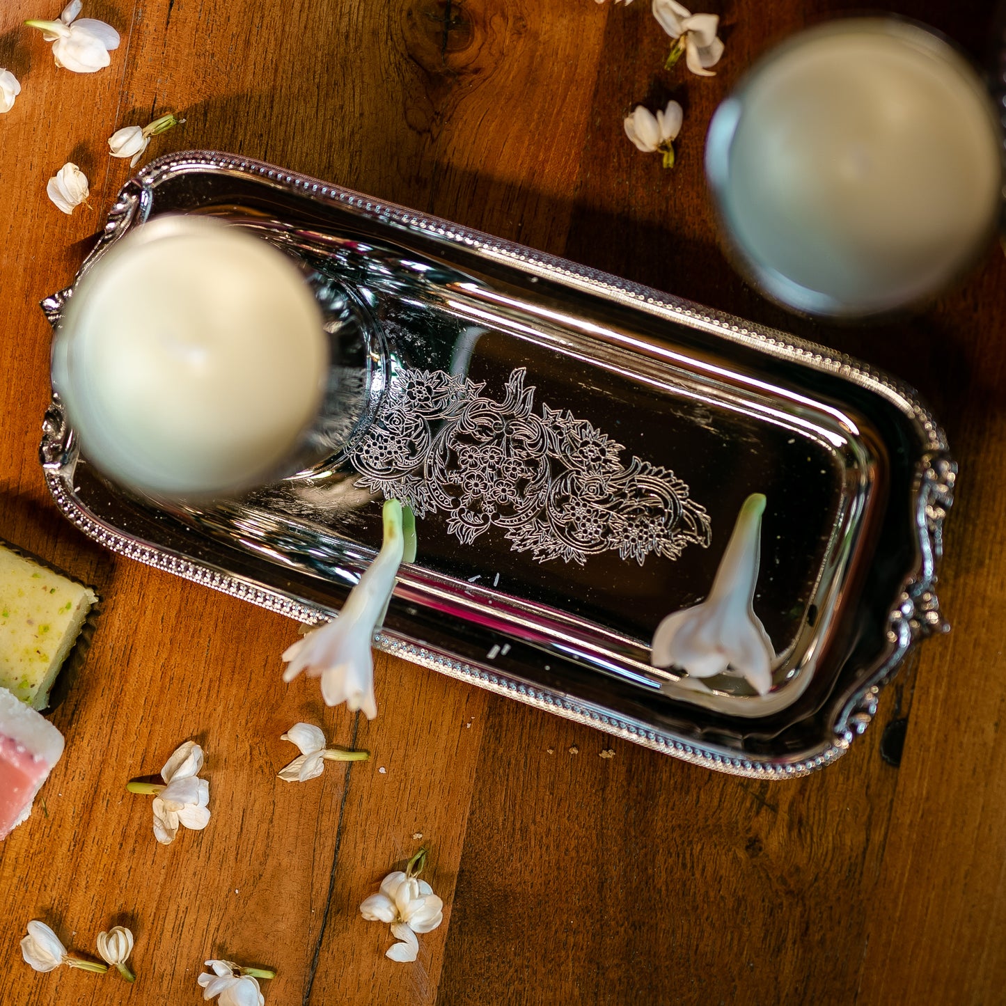Purple Bird 'Shaan' Silver Plated Tray With Candles (Two Candles)