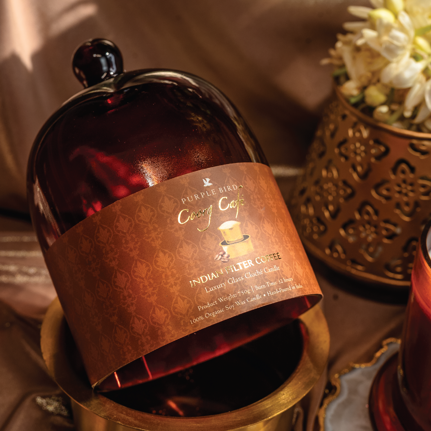 Purple Bird 'Coorg Café' Luxury Glass Cloché Candle (Indian Filter Coffee)