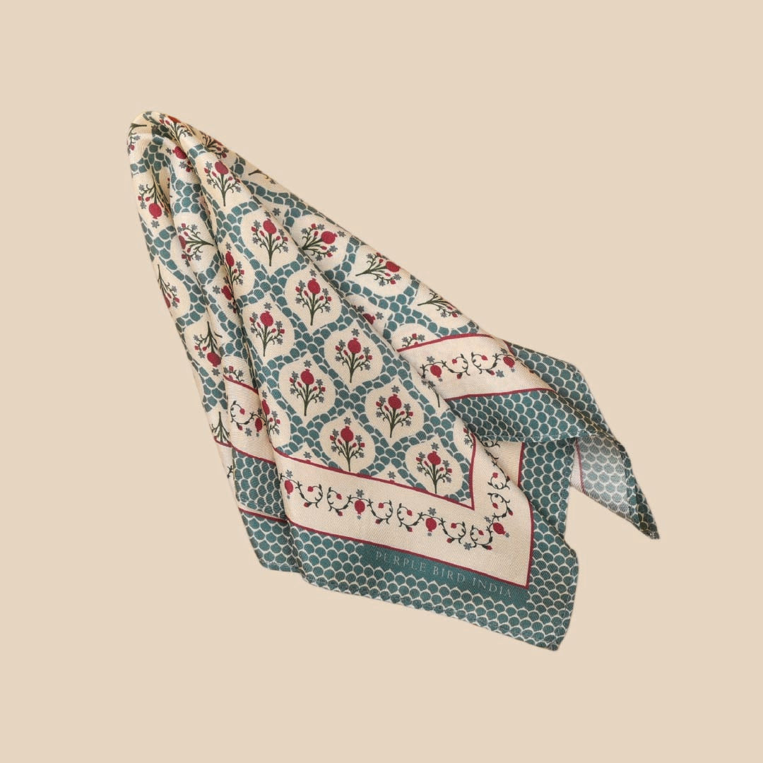 Purple Bird 'Anaar Baagh' Twill Silk Pocket Square - Firoza