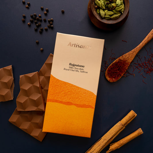 Artisanté Rajputana, Milk Chocolate, Royal Chai Mix, Saffron Chocolate