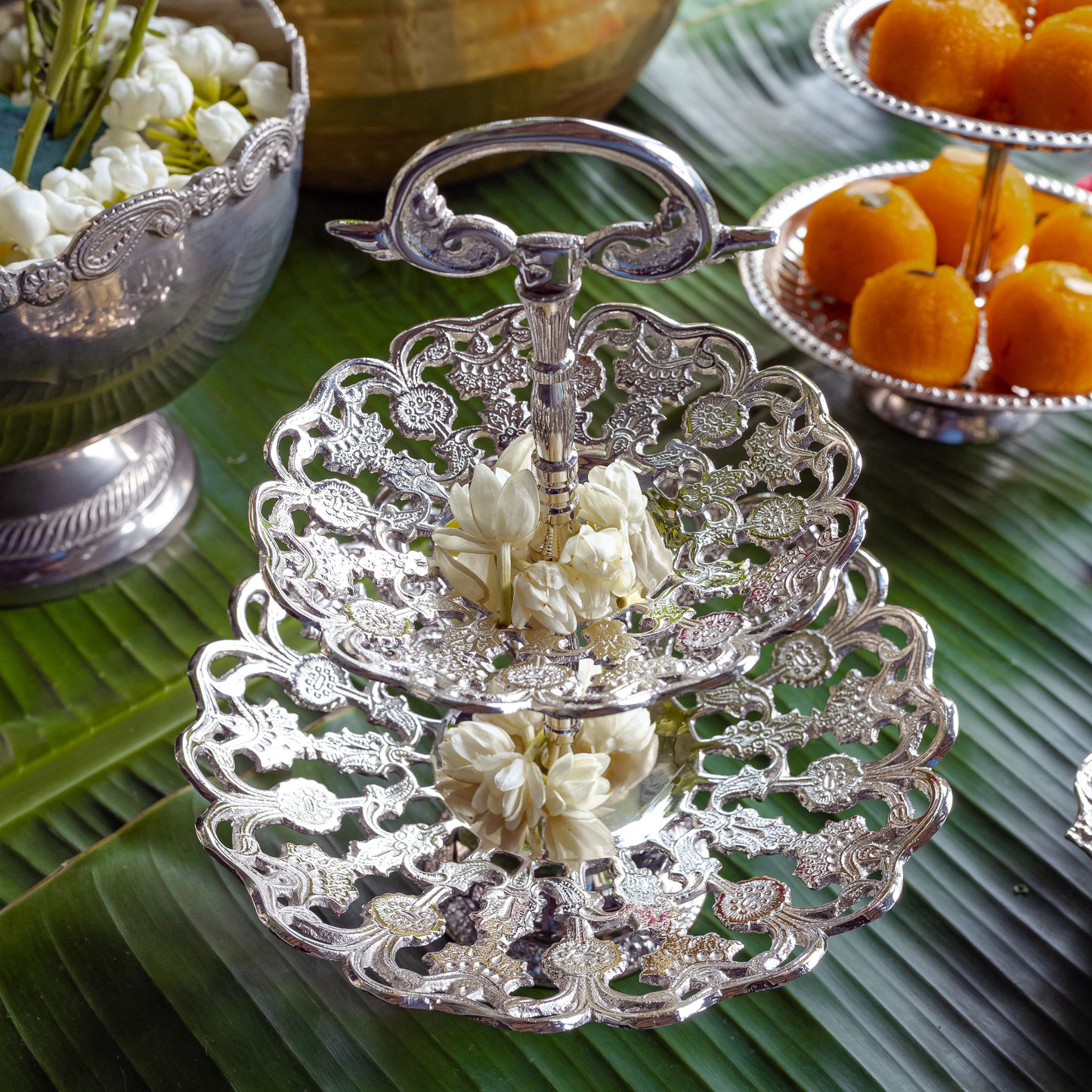 Purple Bird Silver Plated 'Maharani' Two-Tier Mithai & Cake Stand