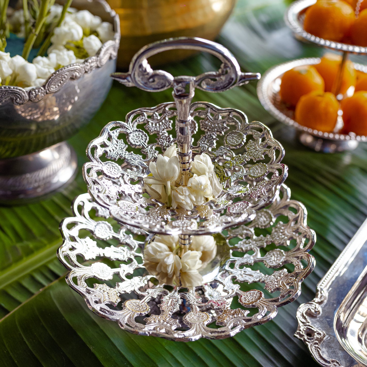 Purple Bird Silver Plated 'Maharani' Two-Tier Mithai & Cake Stand