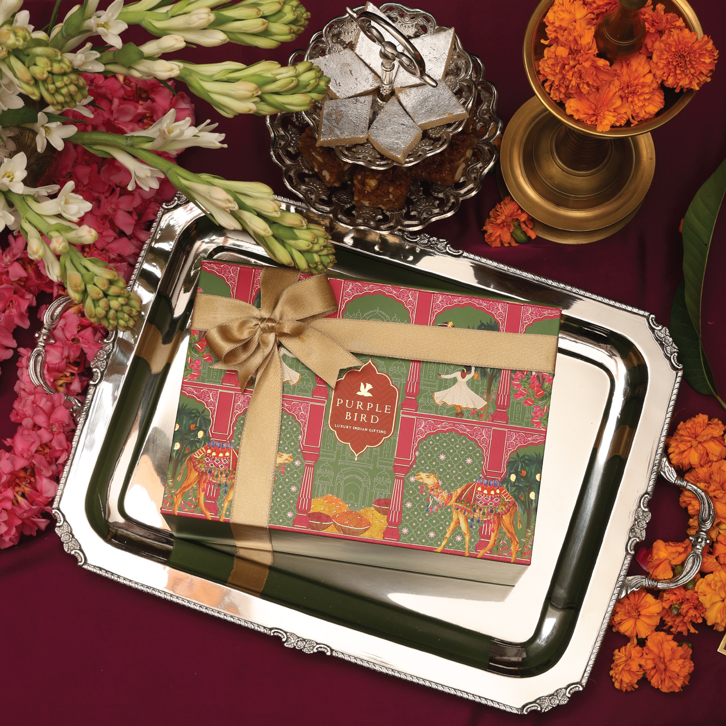 Purple Bird 'Seva' Silver Plated Rectangular Tray (Large)