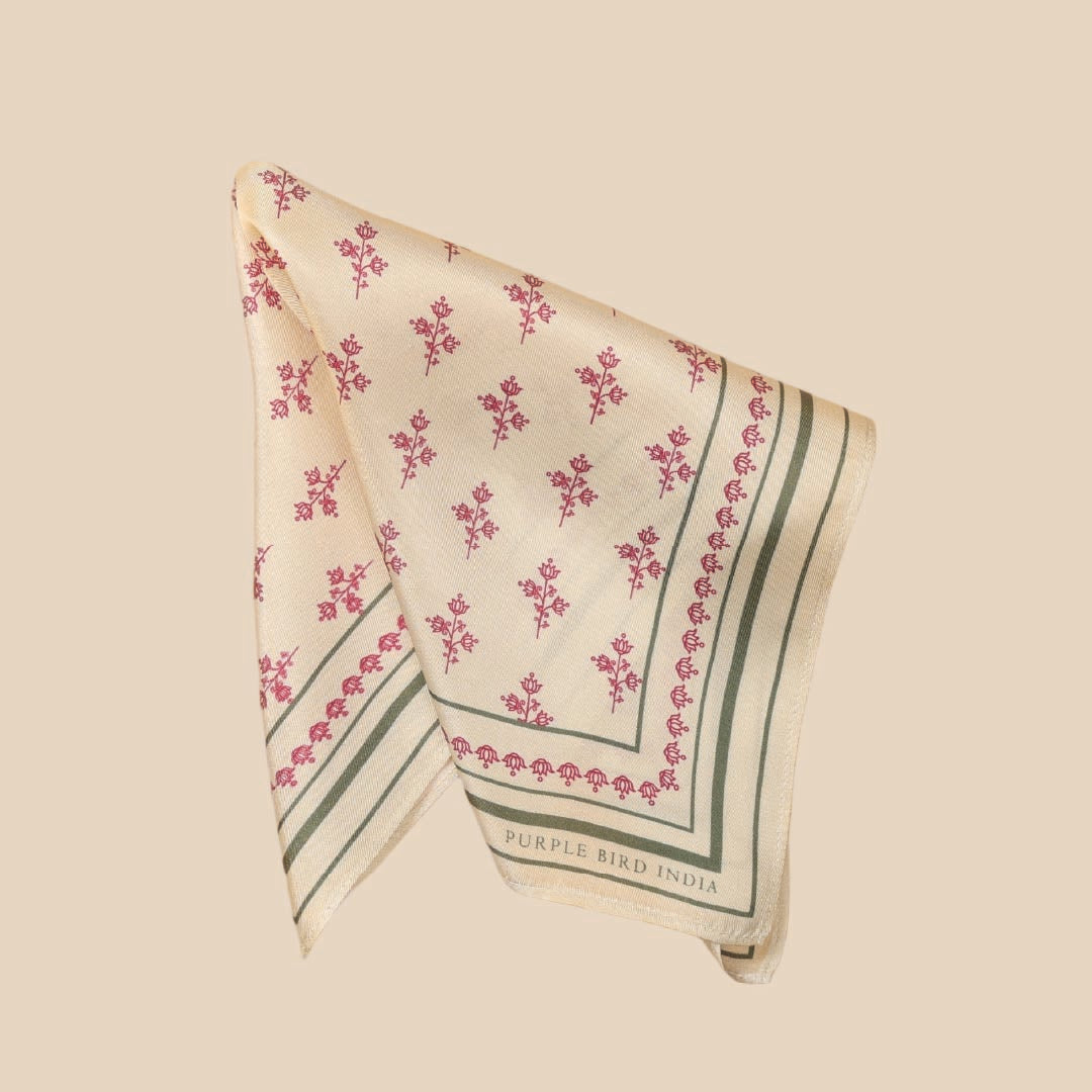 Purple Bird 'Kamal Buta' Twill Silk Pocket Square - Cream
