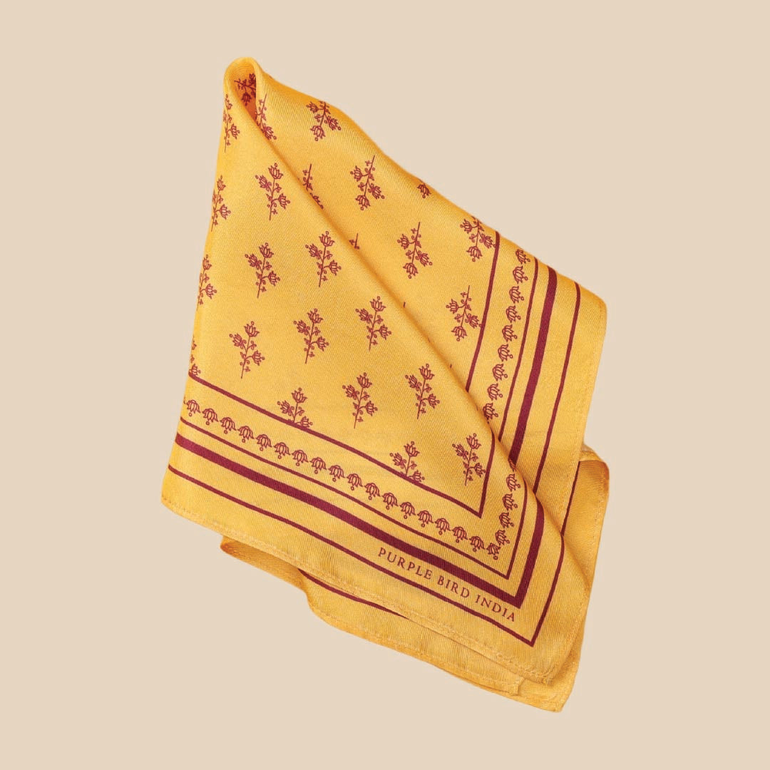 Purple Bird 'Kamal Buta' Twill Silk Pocket Square - Haldi