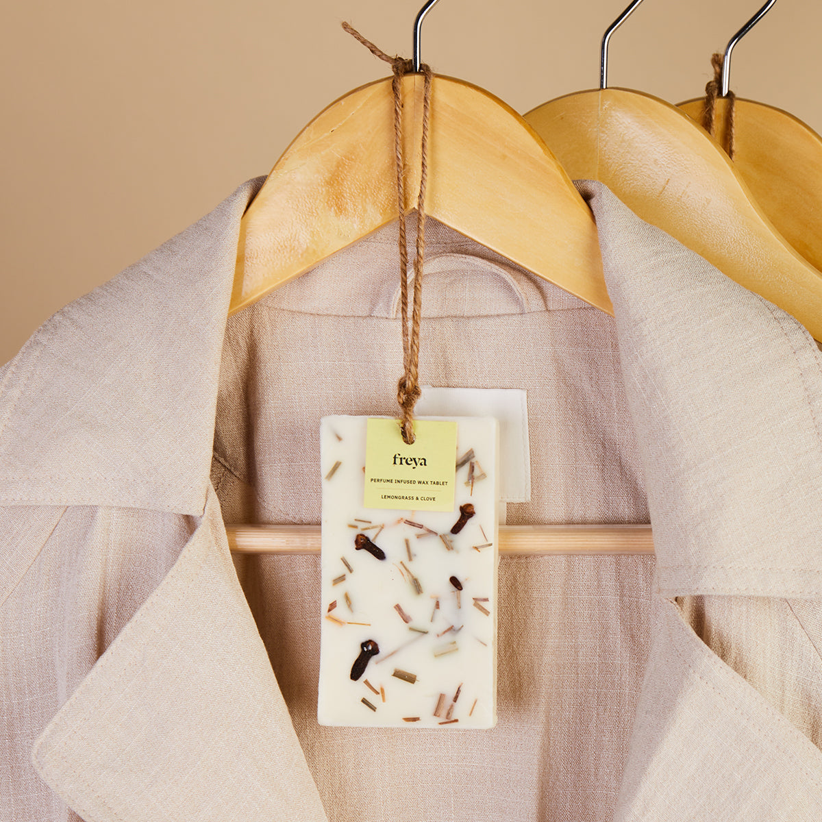 Stuffed with the goodness of fresh lemongrass and cloves, these perfectly molded wax tablets are meant to infuse their woody, heady, and earthy smell inside your wardrobes and drawers. Both lemongrass and clove have medicinal properties, which makes this wax tablet even more special. This beautiful wax tablet makes for a beautiful gift, home and even decorative hanging-pieces. Hang in the entryway, tuck in a drawer, or loop around a hanger in your closet.