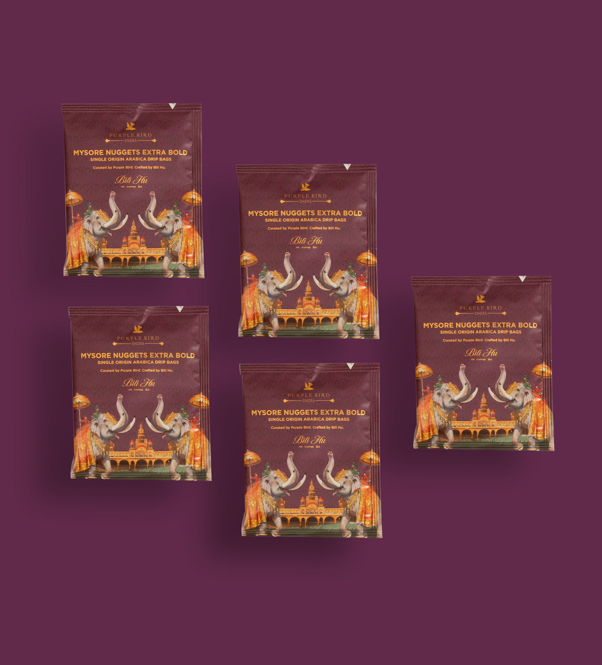 Purple Bird × Bili Hu Mysore Nuggets Extra Bold Arabica Coffee – Drip Bags (Set of 5) | Limited Edition