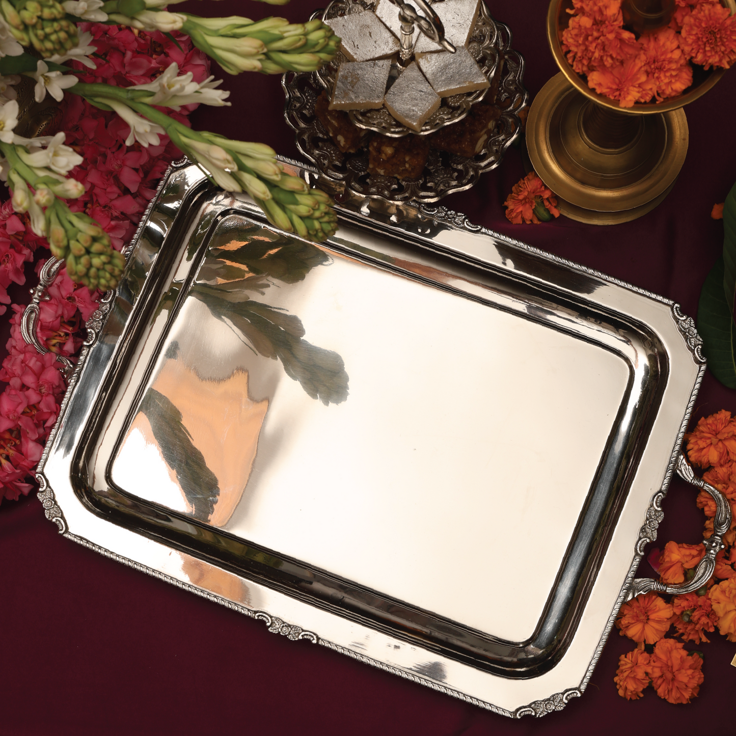 Purple Bird 'Seva' Silver Plated Rectangular Tray (Large)