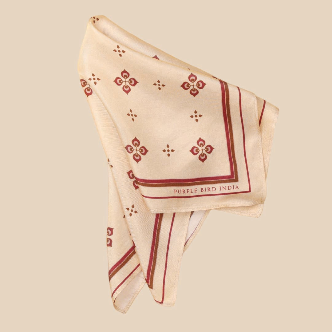 Purple Bird 'Mayur Vilas' Twill Silk Pocket Square - Cream and Maroon Motif
