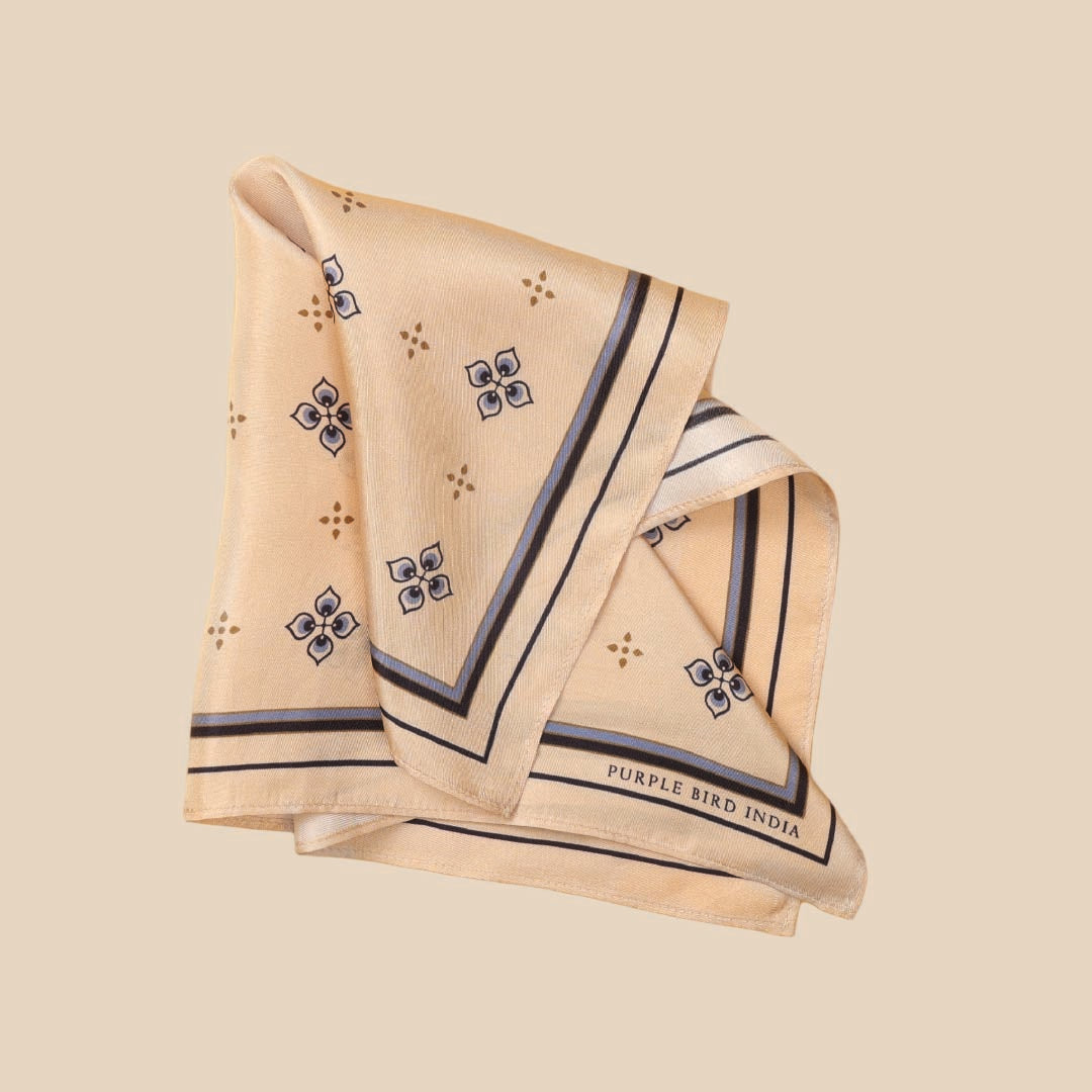 Purple Bird 'Mayur Vilas' Twill Silk Pocket Square - Cream and Blue Motif