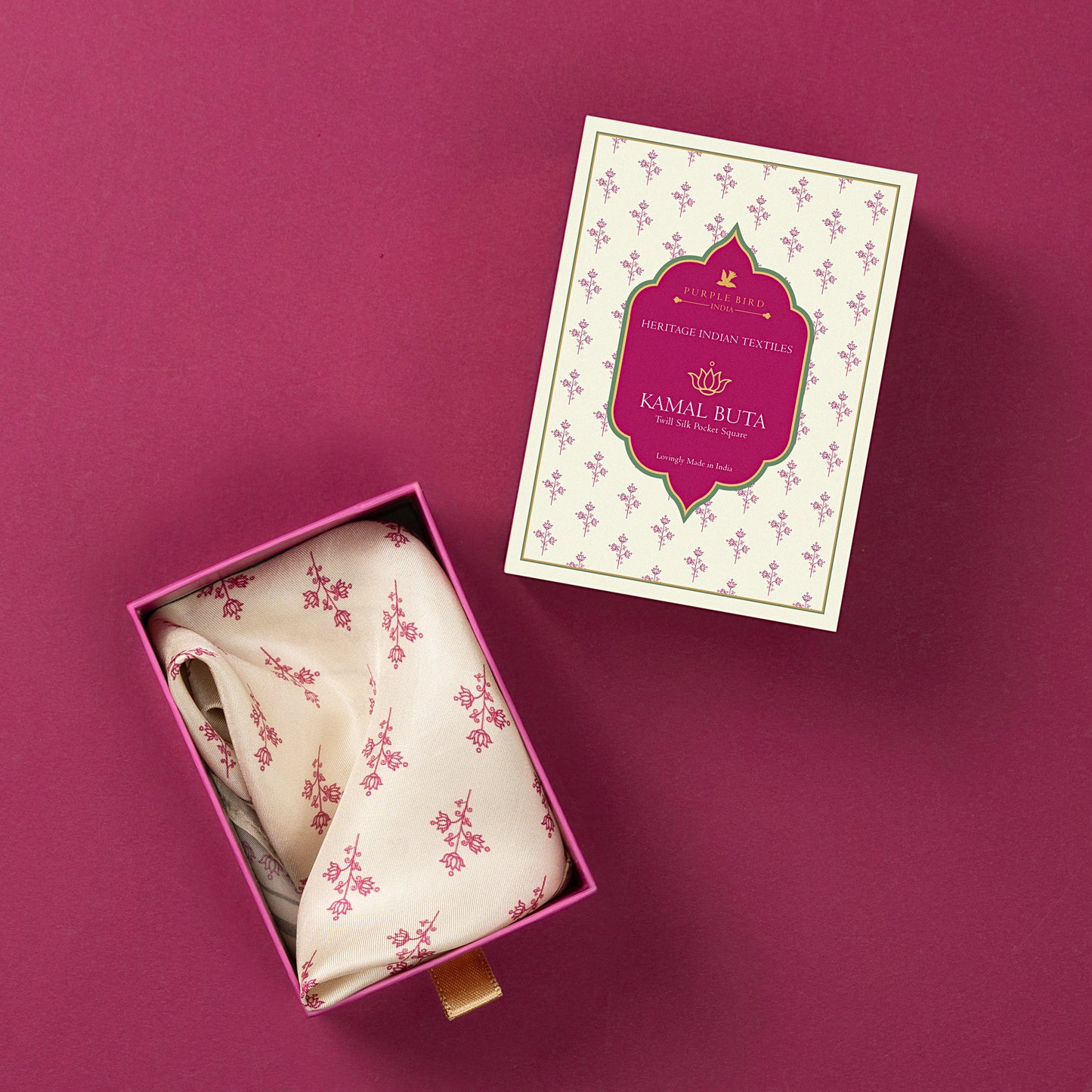 Purple Bird 'Kamal Buta' Twill Silk Pocket Square - Cream