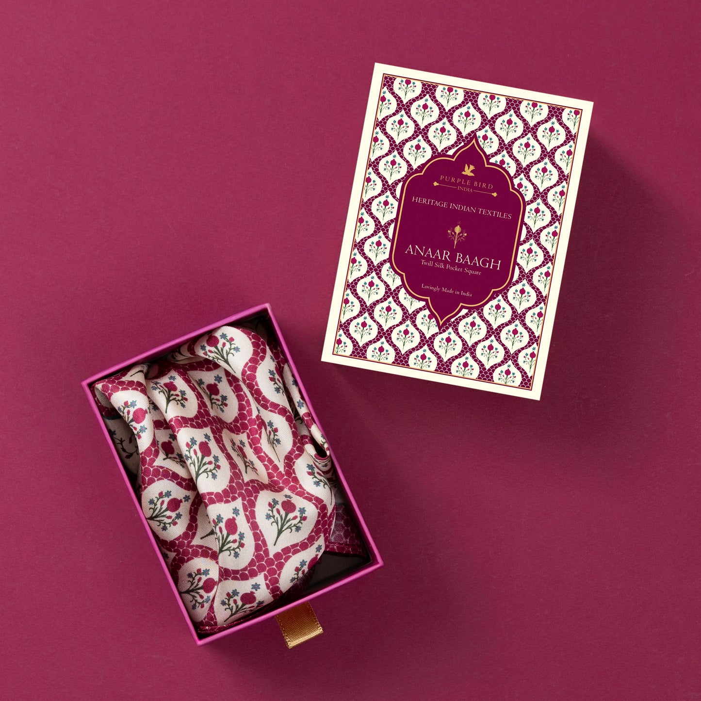 Purple Bird 'Anaar Baagh' Twill Silk Pocket Square - Laal