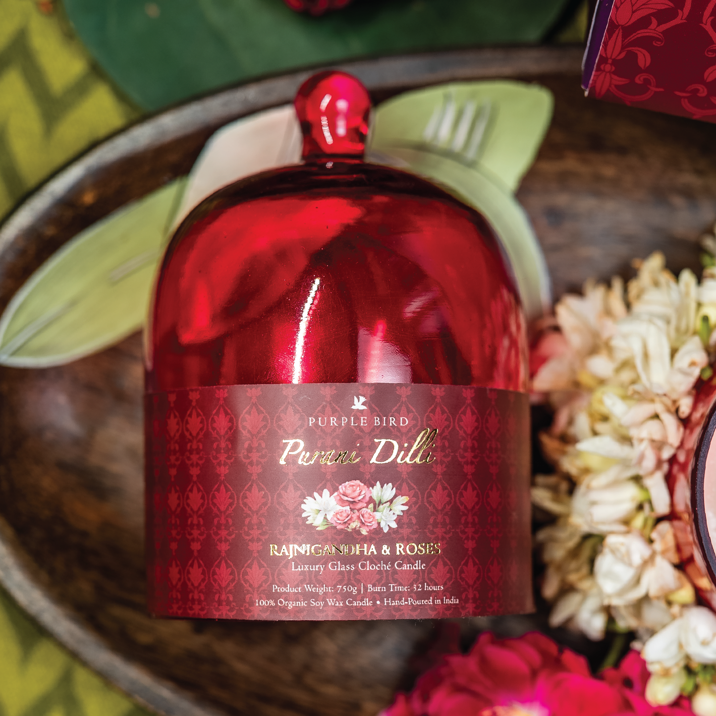 Purple Bird 'Purani Dilli' Luxury Glass Cloché Candle (Roses & Rajnigandha)