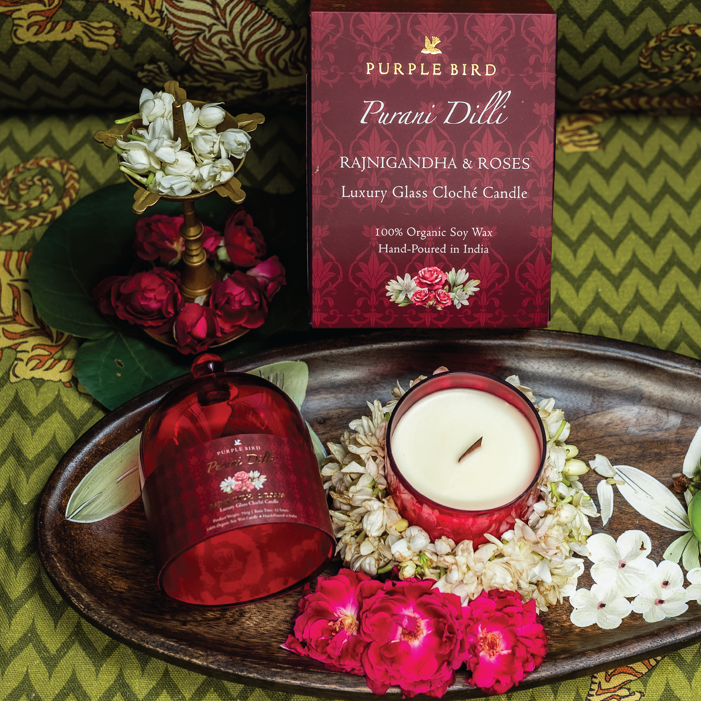 Purple Bird 'Purani Dilli' Luxury Glass Cloché Candle (Roses & Rajnigandha)