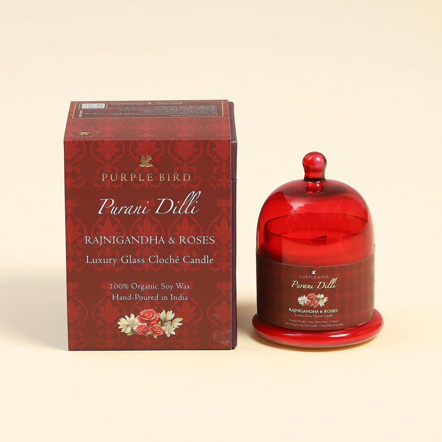 Purple Bird 'Purani Dilli' Luxury Glass Cloché Candle (Roses & Rajnigandha)