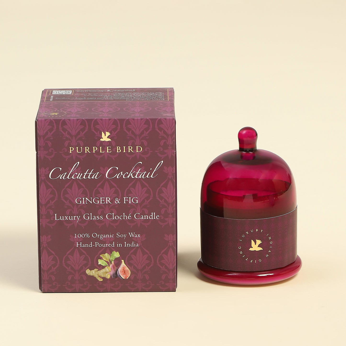 Purple Bird 'Calcutta Cocktail' Luxury Glass Cloché Candle (Ginger & Fig)
