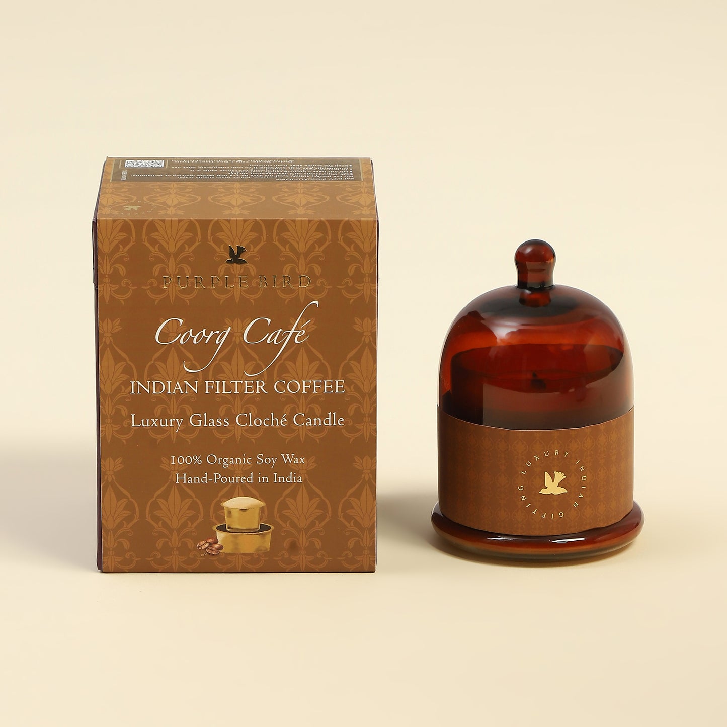 Purple Bird 'Coorg Café' Luxury Glass Cloché Candle (Indian Filter Coffee)