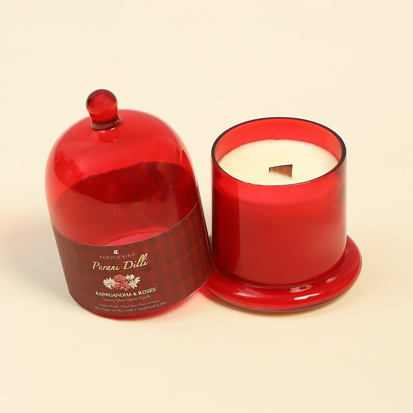 Purple Bird 'Purani Dilli' Luxury Glass Cloché Candle (Roses & Rajnigandha)