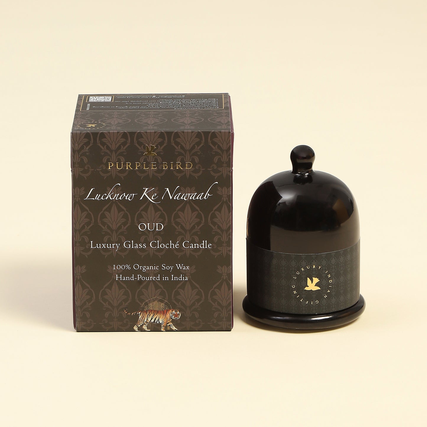 Purple Bird 'Lucknow Ke Nawaab' Luxury Glass Cloché Candle (Oud)