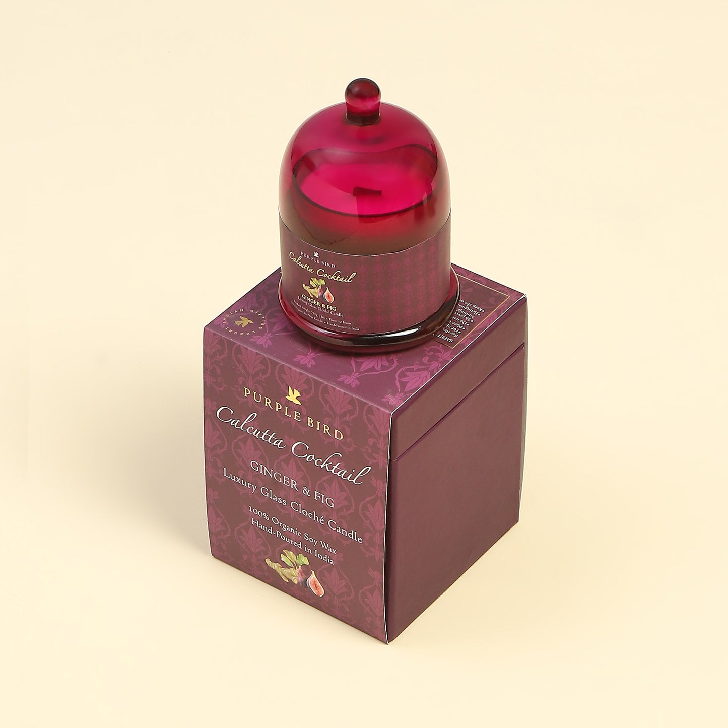 Purple Bird 'Calcutta Cocktail' Luxury Glass Cloché Candle (Ginger & Fig)