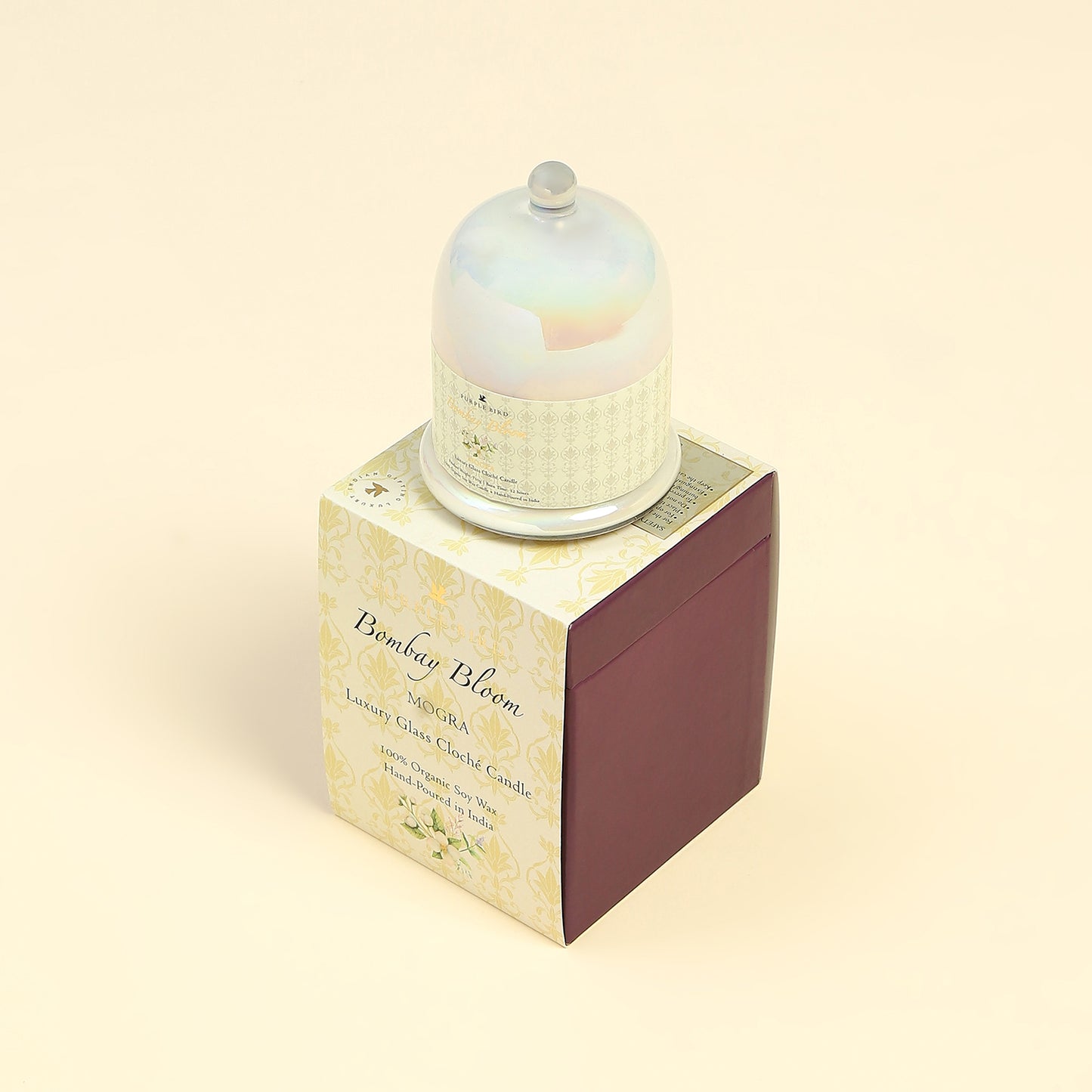 Purple Bird 'Bombay Bloom' Luxury Glass Cloché Candle (Mogra)