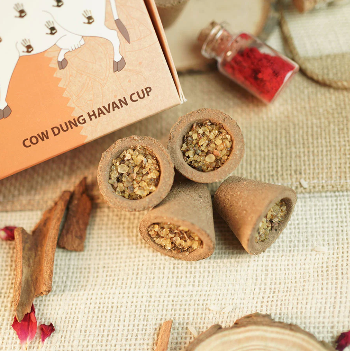 Nirmalaya Cow Dung Havan Cups (15 cups with a holder)
