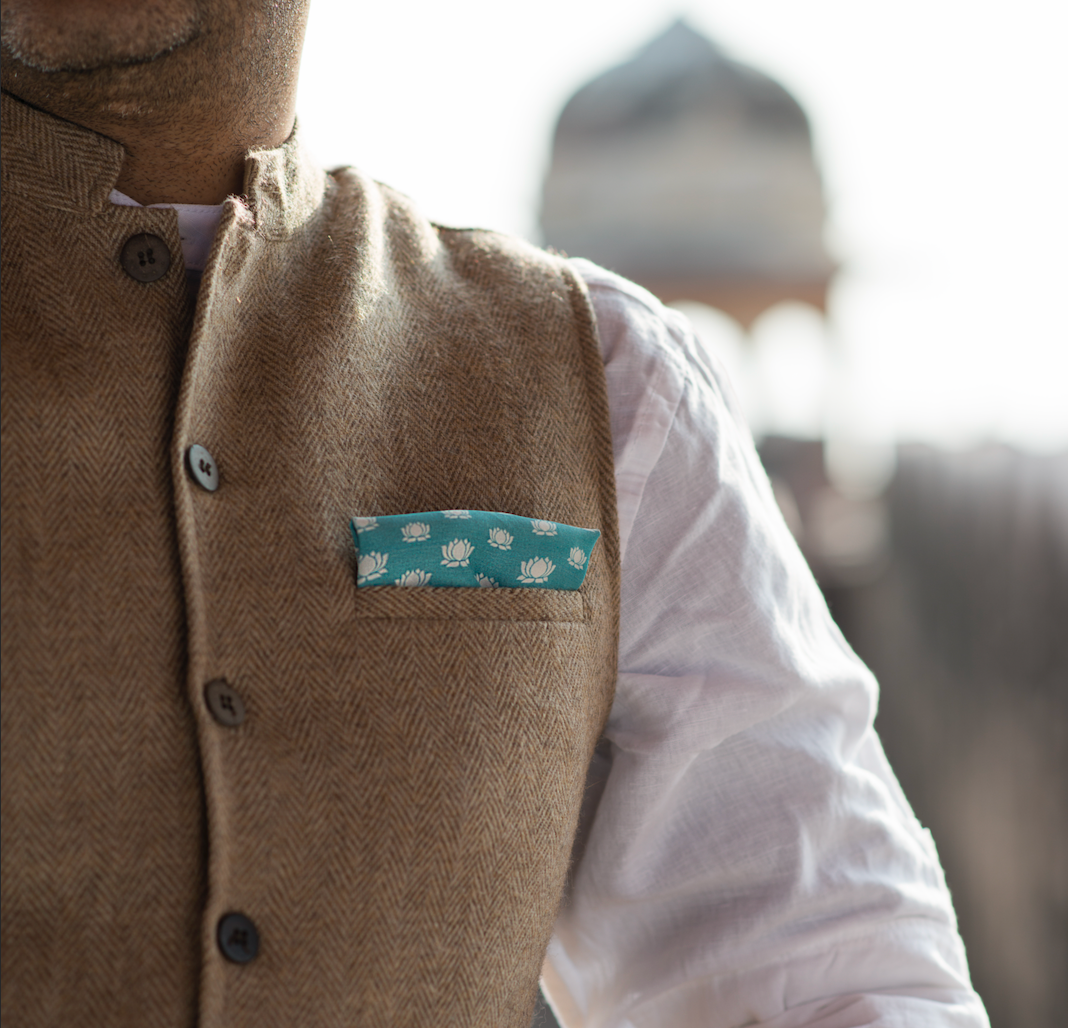 Khatu Teal Jaipur Lotus Pocket Square