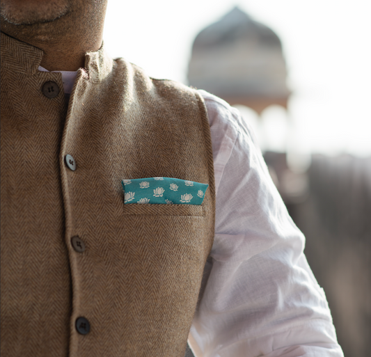 Khatu Teal Jaipur Lotus Pocket Square