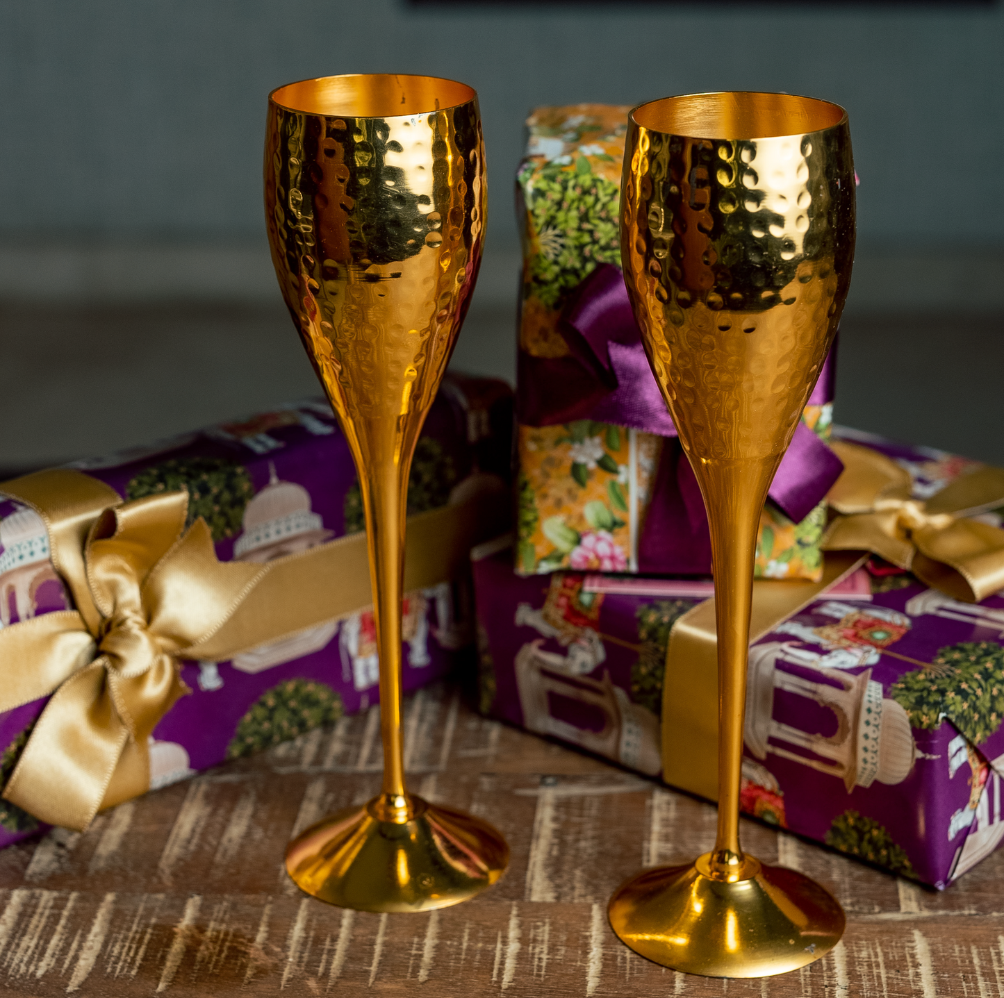 Purple Bird 'Utsav' Gold Polish Champagne Flutes (Two Glasses)