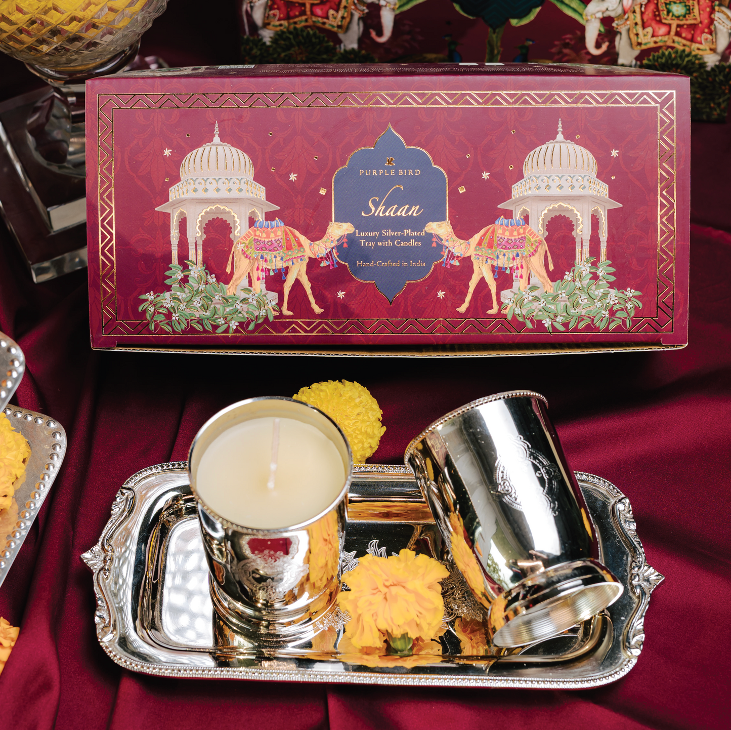 Purple Bird 'Shaan' Silver Plated Tray With Candles (Two Candles)