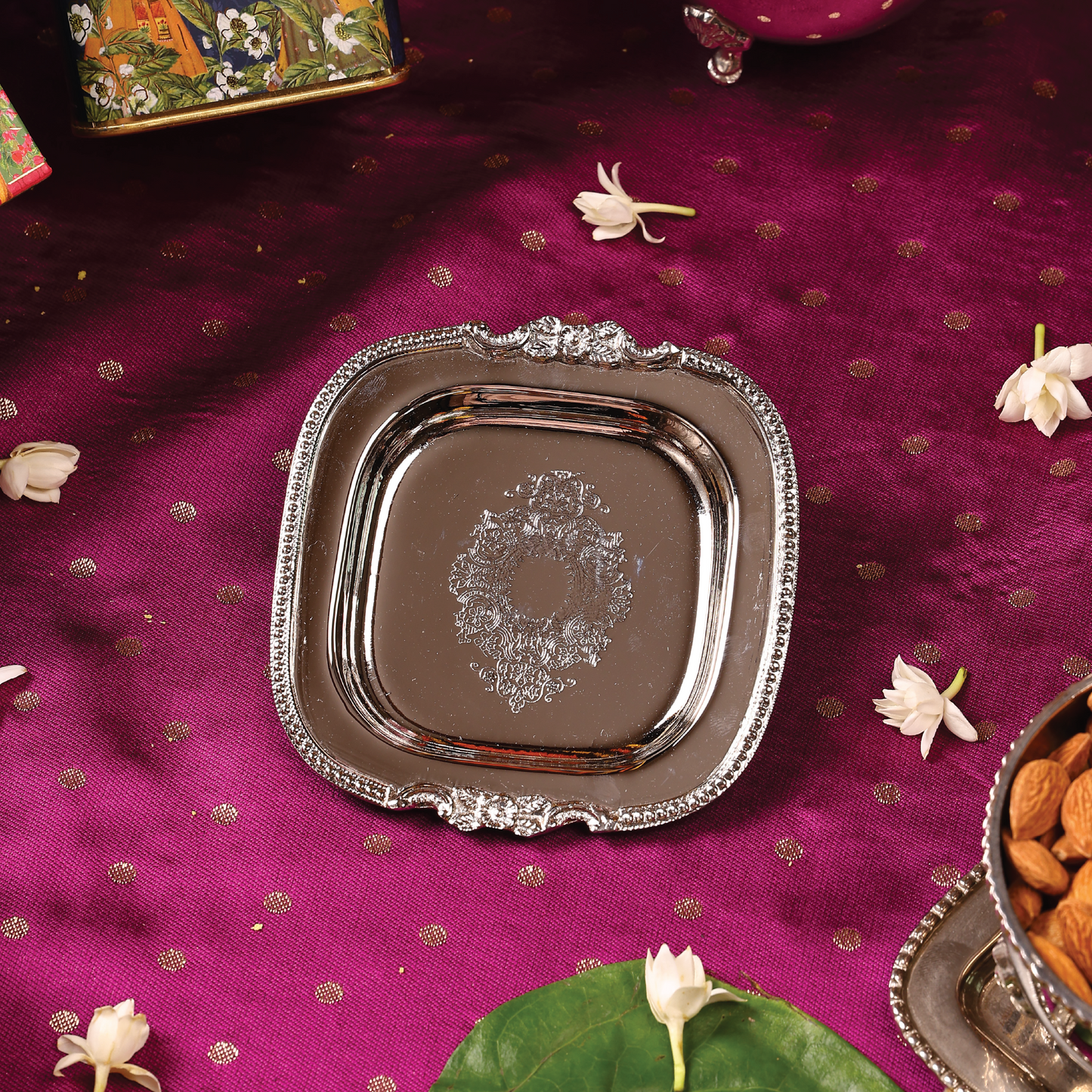 Purple Bird Mini 'Shobha' Silver Plated Coaster Tray/Jewelry Holder