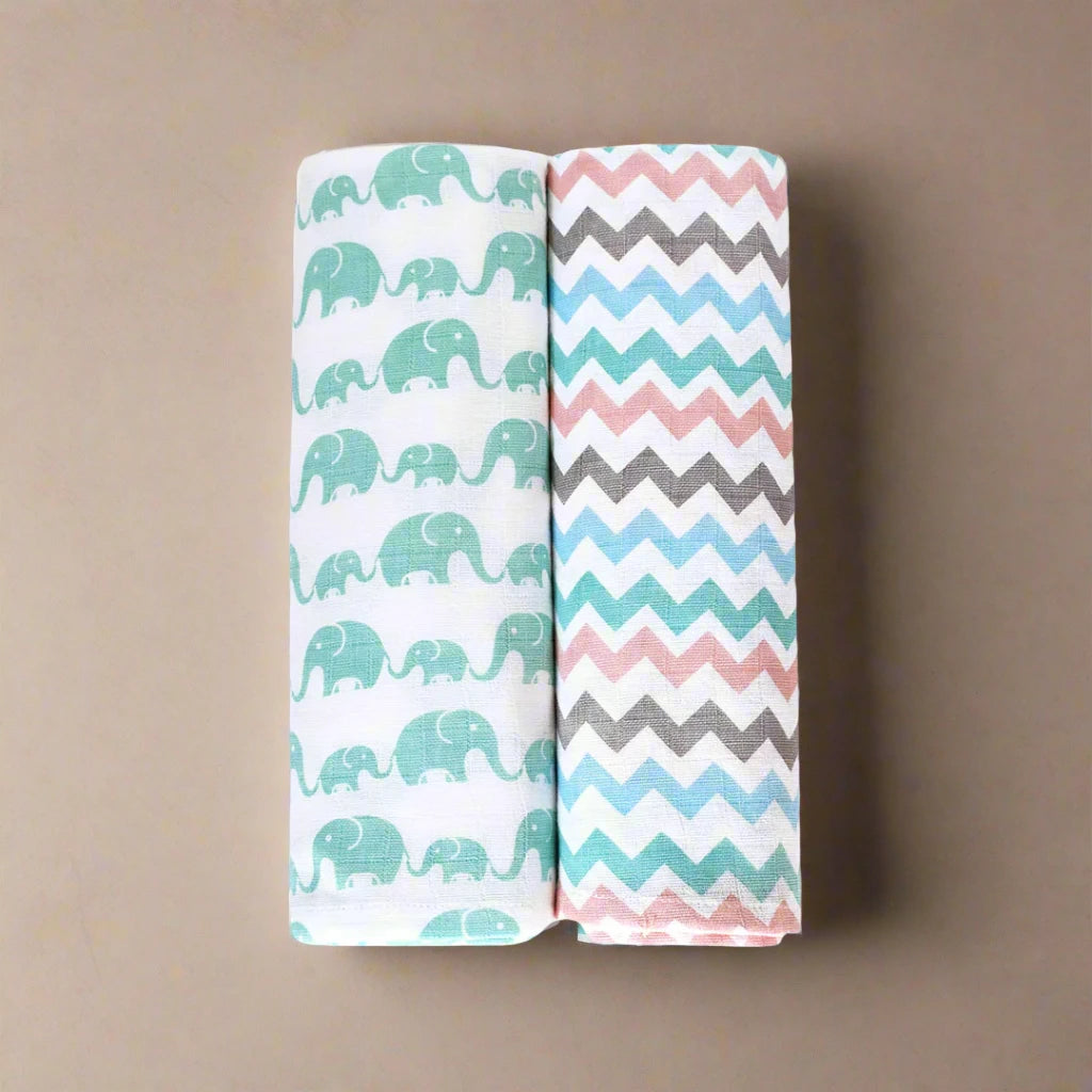 Masilo Organic Muslin Swaddles (Set of 2) Elephant Parade