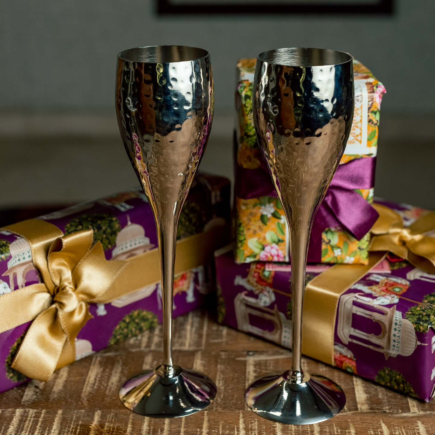 Purple Bird Silver Plated 'Utsav' Champagne Flutes (Two Glasses)