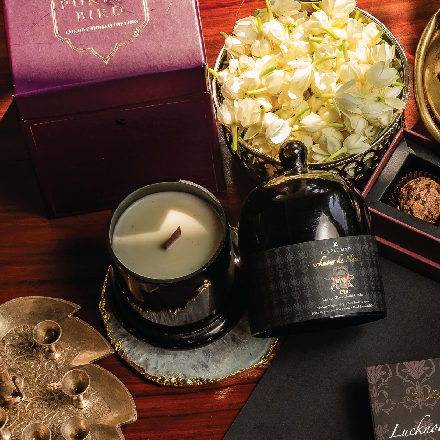 Purple Bird 'Lucknow Ke Nawaab' Luxury Glass Cloché Candle (Oud)
