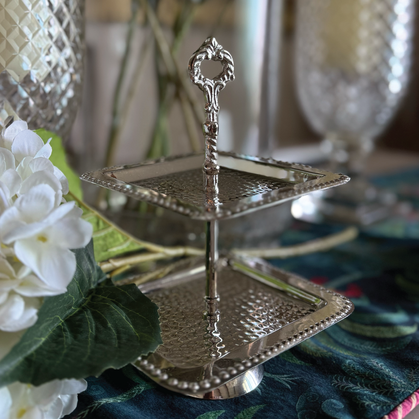 Purple Bird Silver Plated 'Utsav' Two-Tier Serving Stand