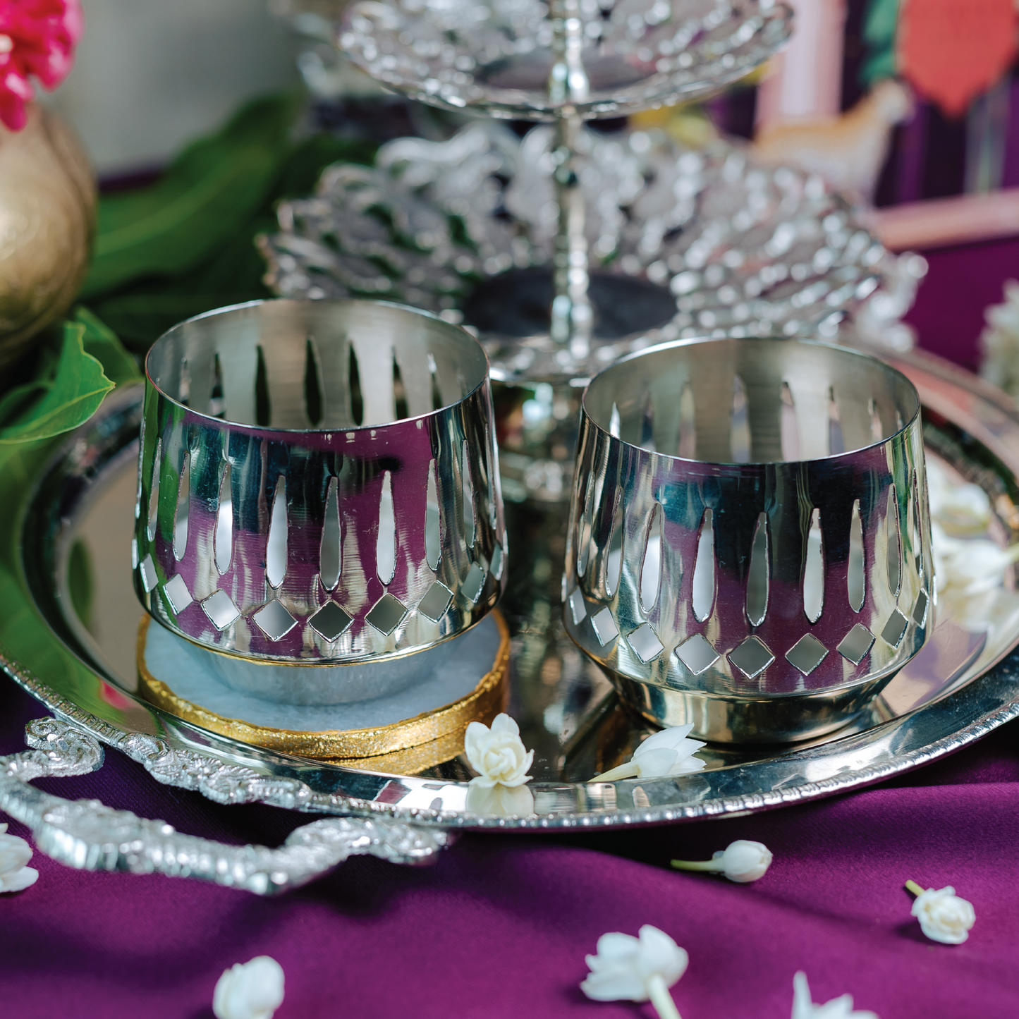 Purple Bird  Silver Plated 'Roshan' Votives (Set of 2)