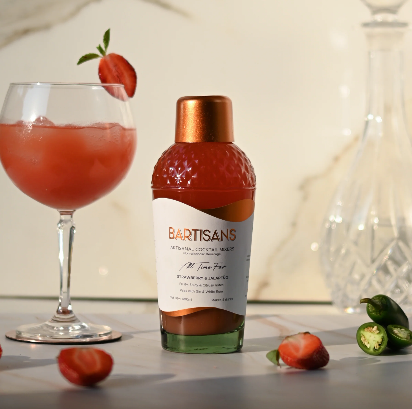 Take a sip of the drink everyone loves. This one is an ode to everything you can never tire of: your favorite food, that go-to movie or your favorite restaurant. Made with sweet and tart strawberries and spicy Jalapeño, it's tough to not love this one!