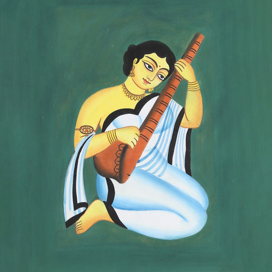 Purple Bird 'The Sitar Serenade of the Bibi' Kalighat Pat Artwork (Unframed) 12" x 14"