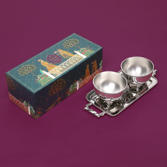 Purple Bird Daawat Silver Plated Tray with Bowls