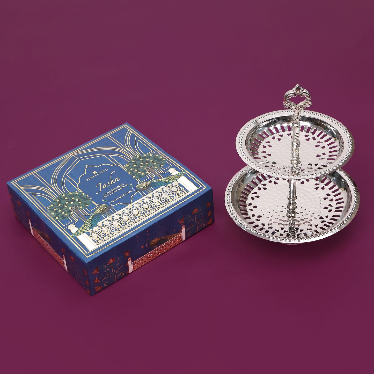 Purple Bird Silver Plated 'Jashn' Two-Tier Serving Stand (Round)