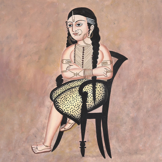 Purple Bird 'Tribal Bibi in Polka-Dotted Elegance' Kalighat Pat Artwork (Unframed) 12" x 14"