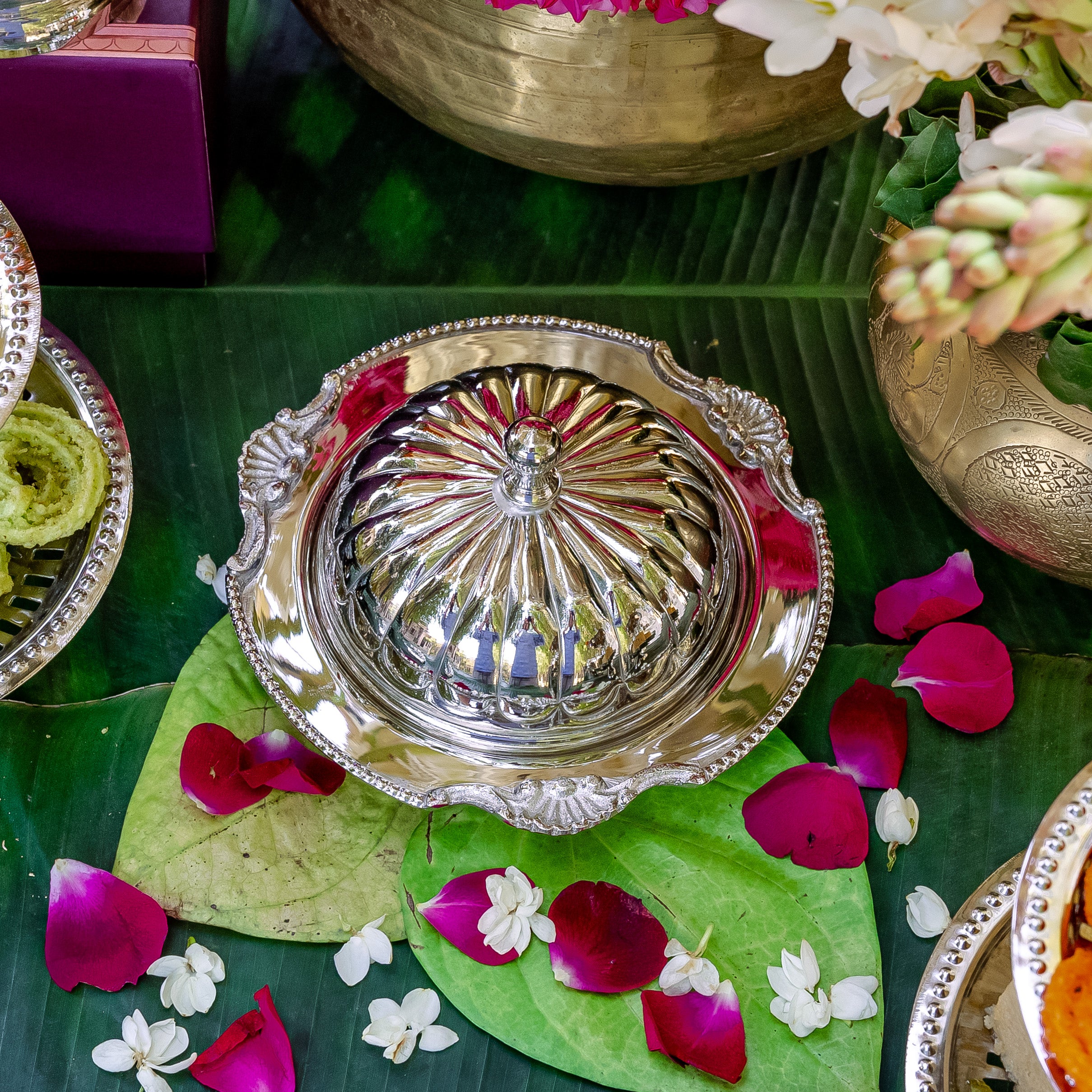 Purple Bird Silver Plated Maharani Butter Dish Purple Bird Luxury Indian Gifting