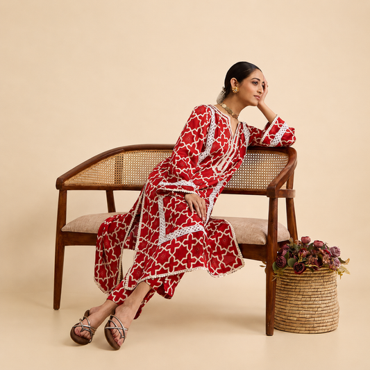 Alpona Kurta and Pant Set - Laal