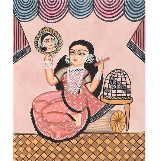 Purple Bird 'Bibi's Reflection' Kalighat Pat Artwork (Unframed) 12" x 14"