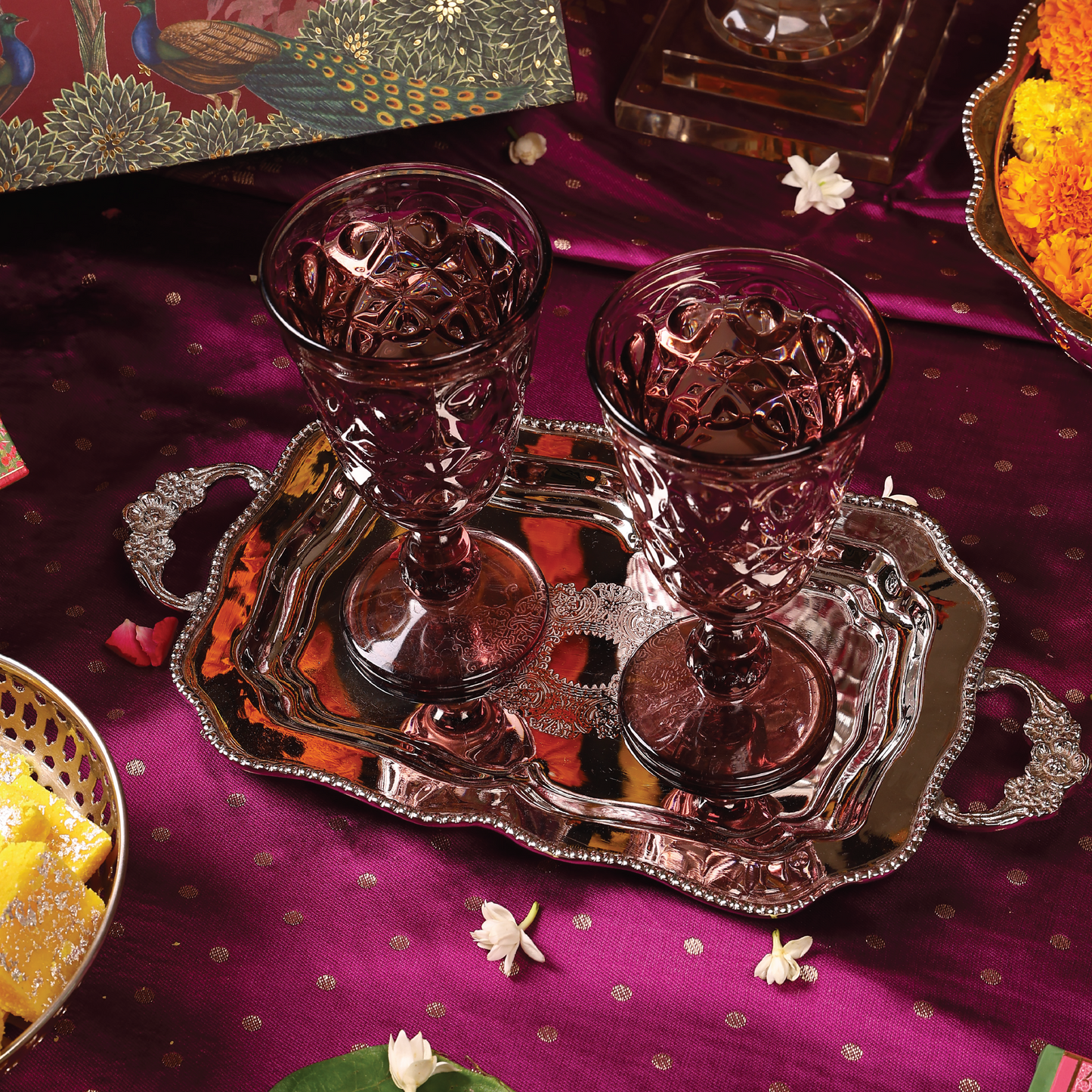 Purple Bird 'Alankar' Silver Plated Arched Tray with Handles