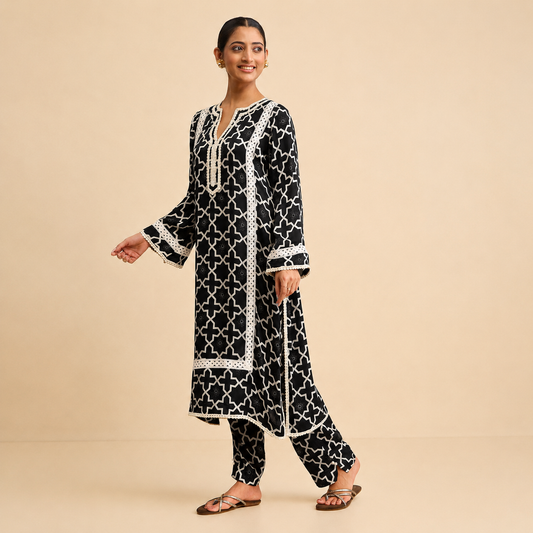 Alpona Kurta and Pant Set - Black