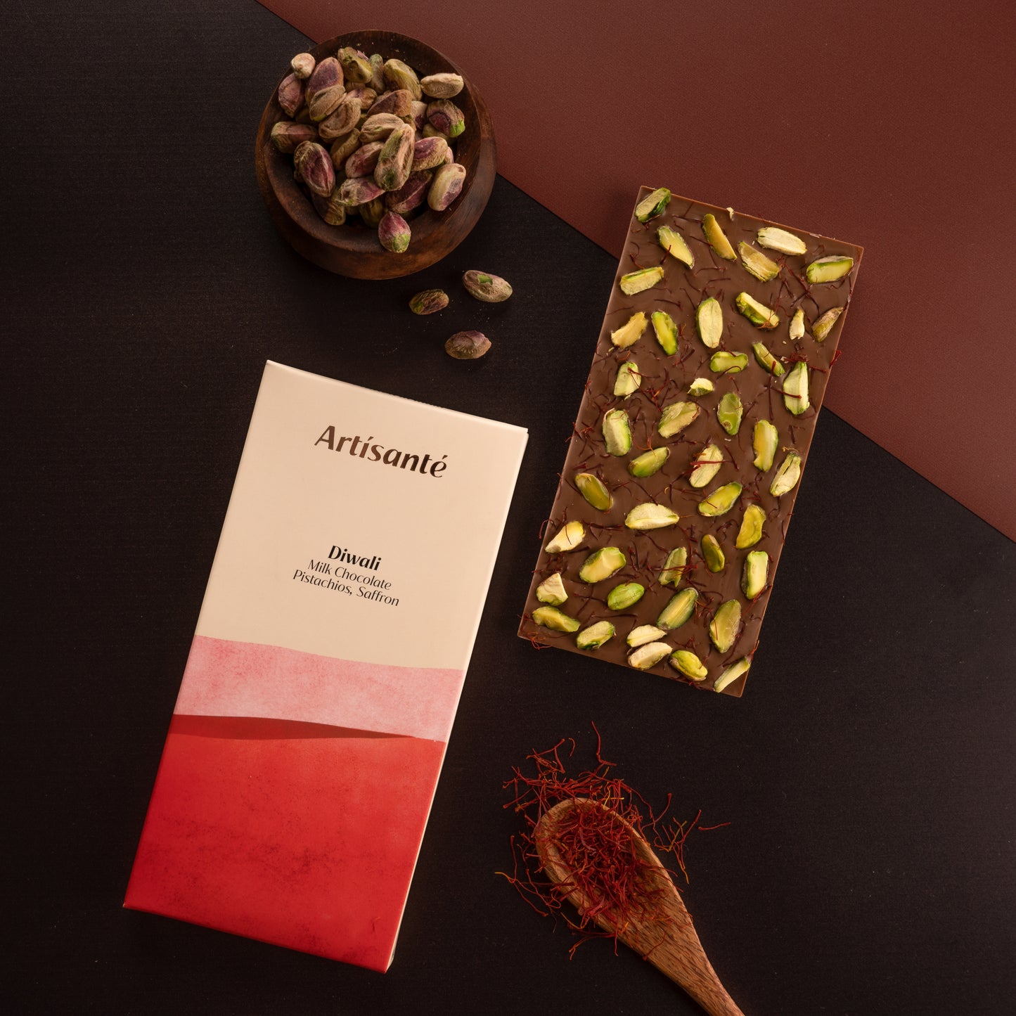 Artisanté Diwali, Milk Chocolate, Pista, Saffron Chocolate